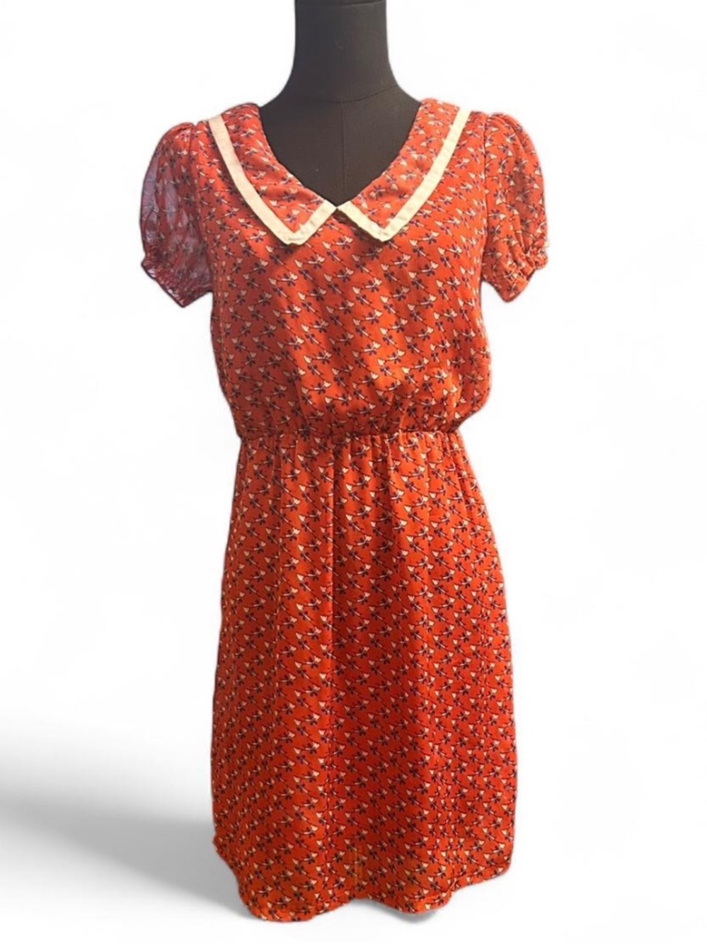 Women's Vintage Red Printed V-Neck Dress with Contrast Collar